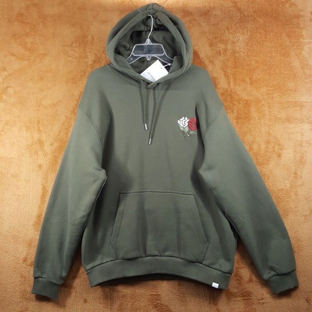 LES DEUX Hoodie Mens XL Green Pullover Sweatshirt Floral Embroidered FELIPE $159